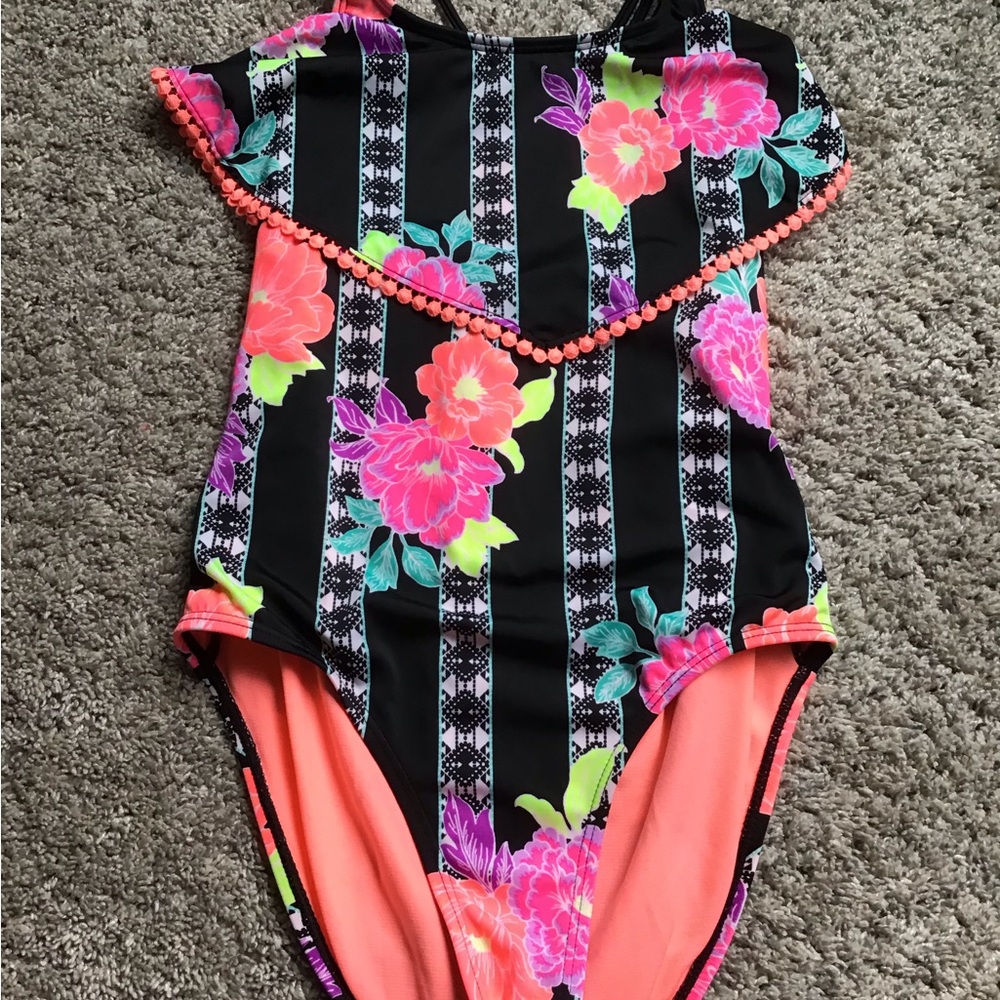 Floral Neon Pom-Pom One-Piece Swimsuit wonder Nation size 10-12 plus